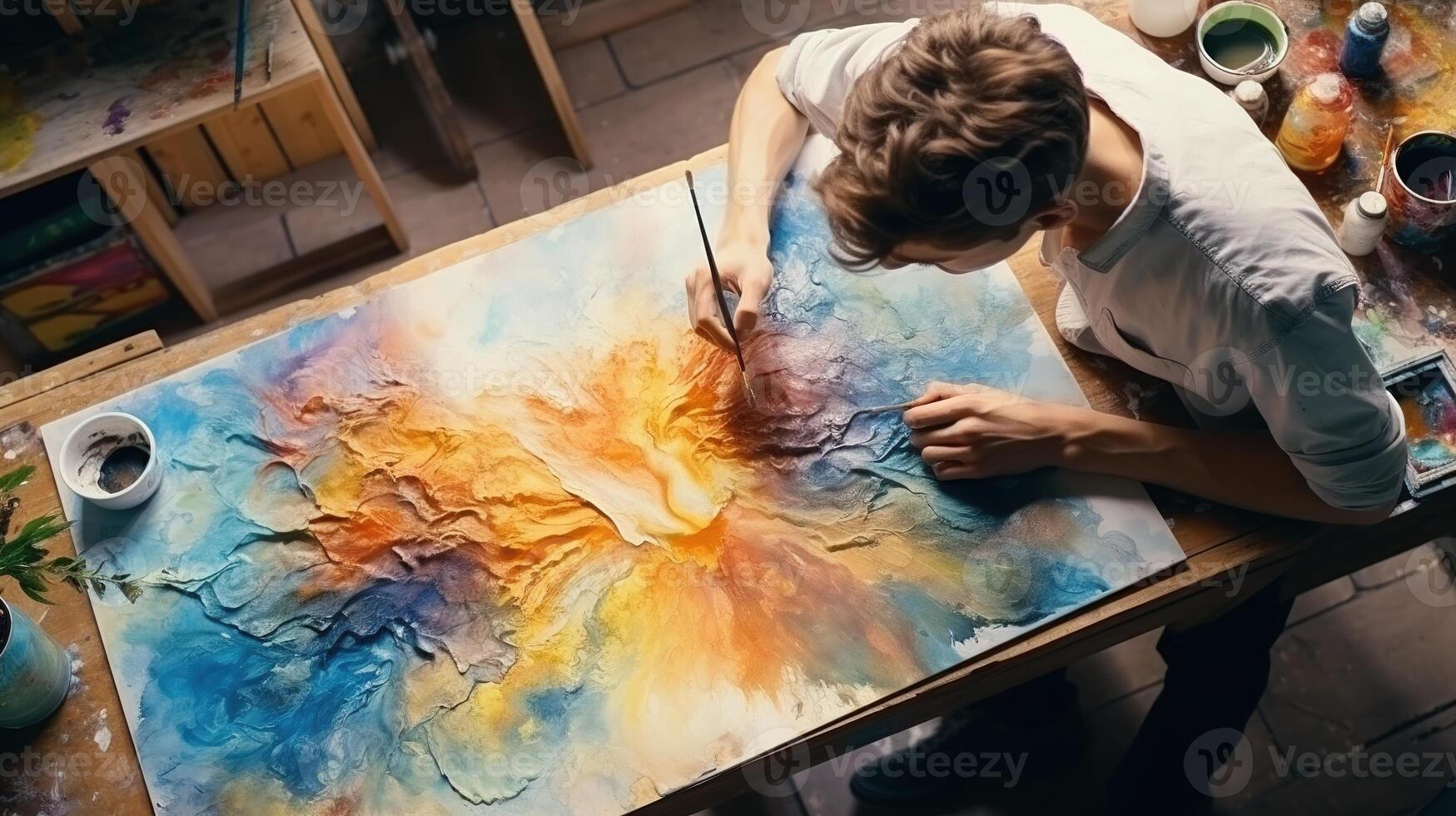 A man is painting on a large canvas photo