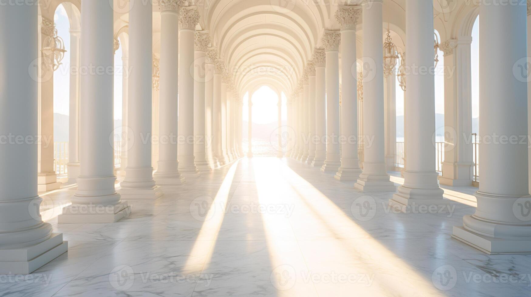 A long hallway with pillars and white marble photo