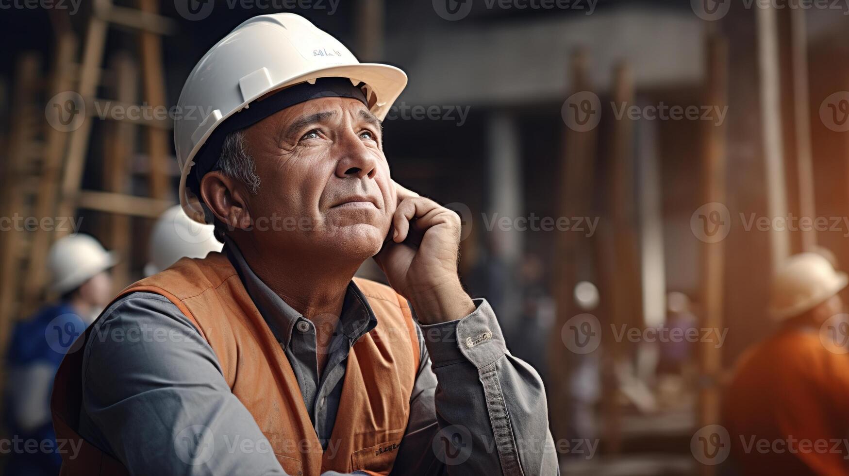 A man in a hard hat and vest is looking at something photo