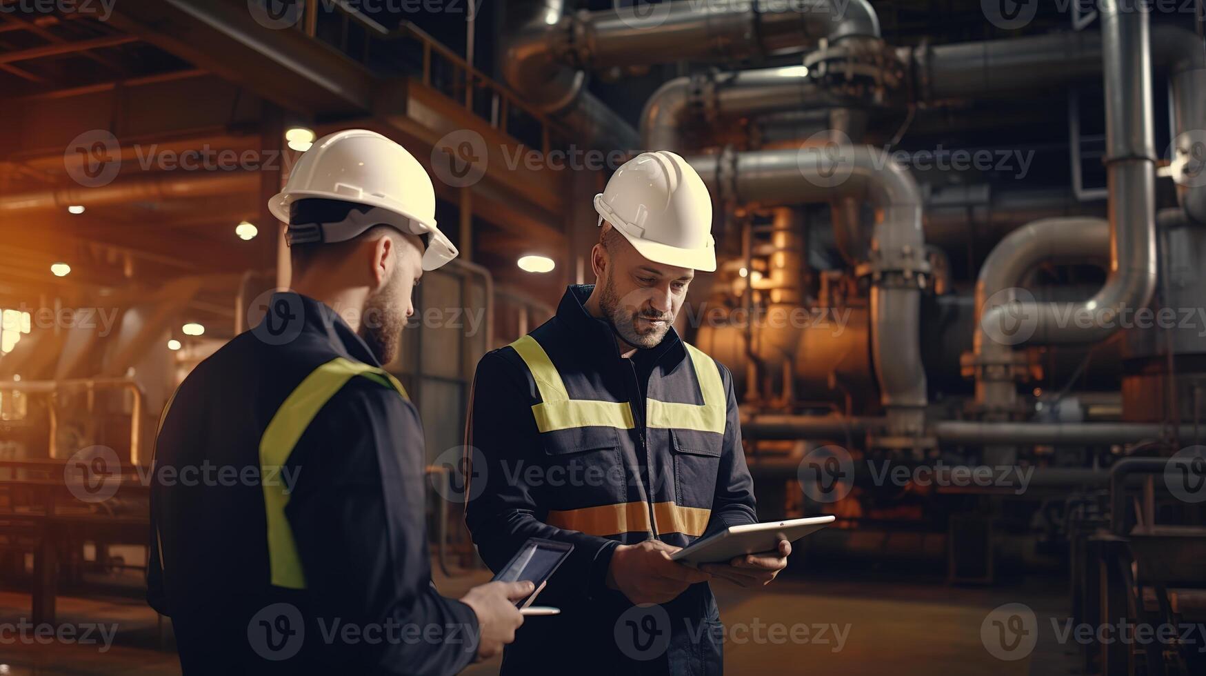 Two men in hard hats standing in front of pipes photo