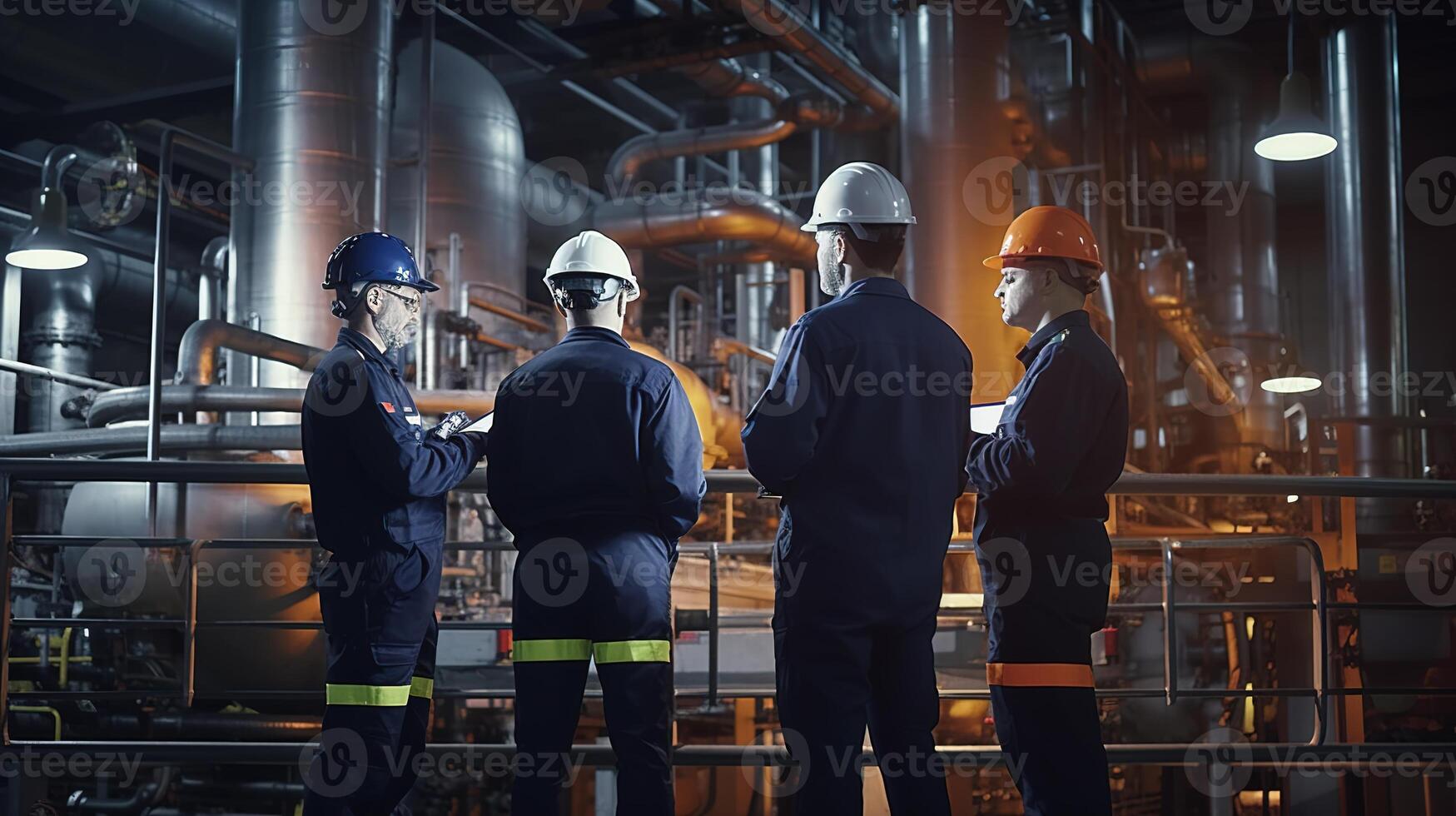 Three men in hard hats standing in front of a factory photo