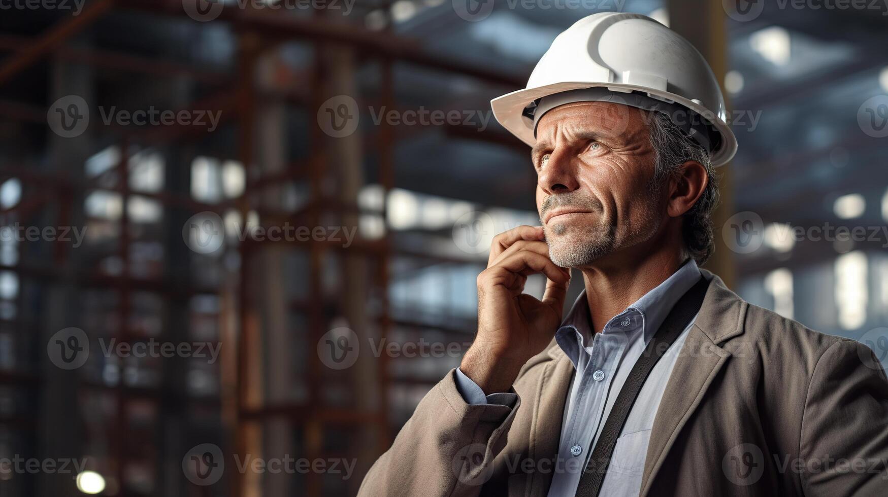 A man in a hard hat and suit standing in front of a building photo