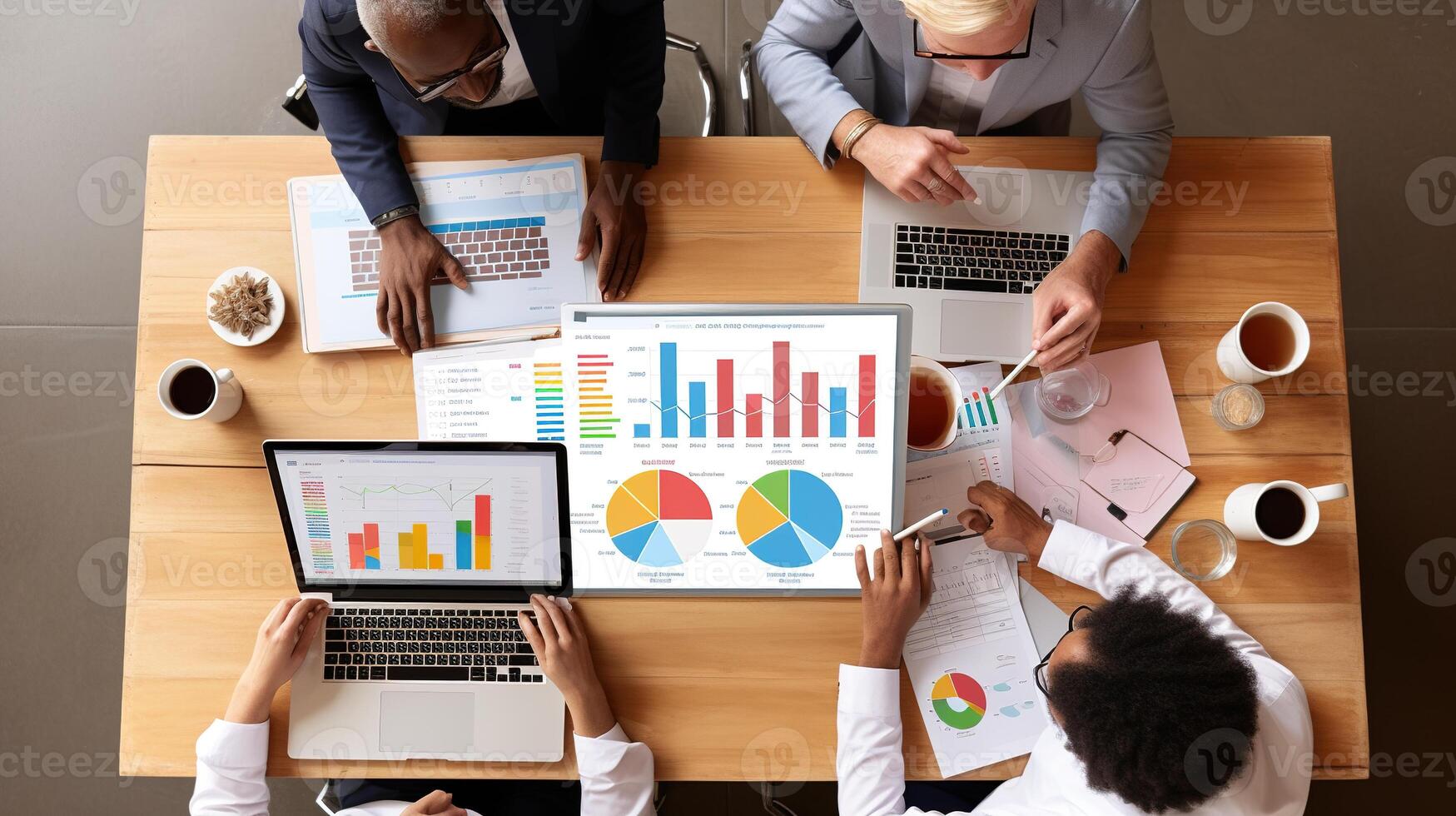 Business people working at a table with graphs and charts photo