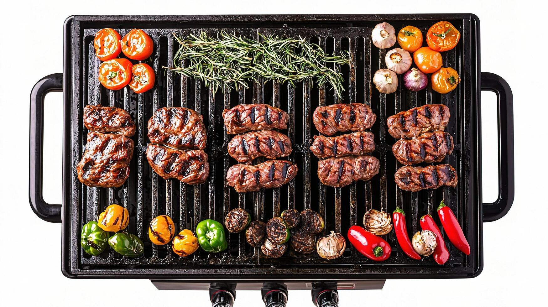 A grill with meat and vegetables on it photo