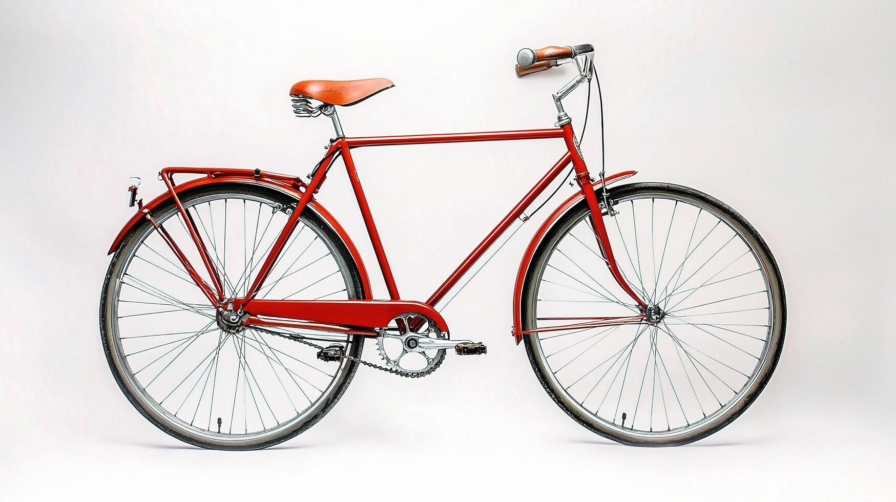 A red bicycle is shown against a white background photo