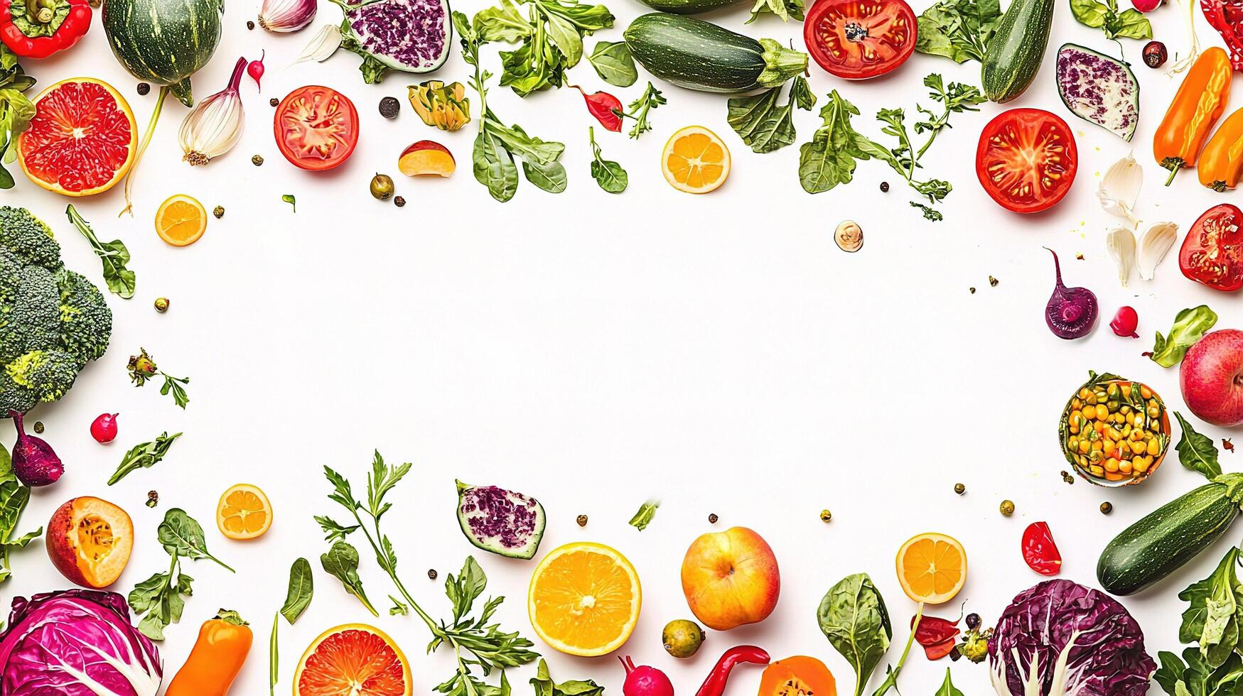 Various fruits and vegetables arranged in a square frame photo