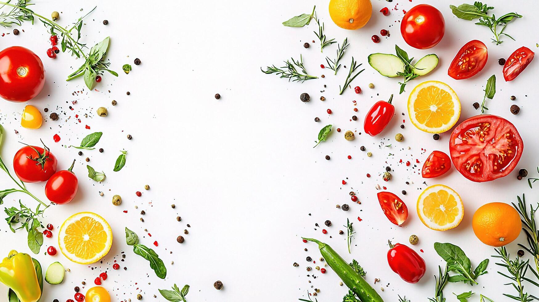 Fresh vegetables and herbs arranged in a circle photo