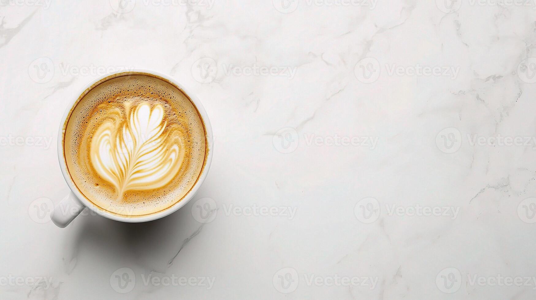 A cup of coffee with a leaf pattern on top of a marble surface photo