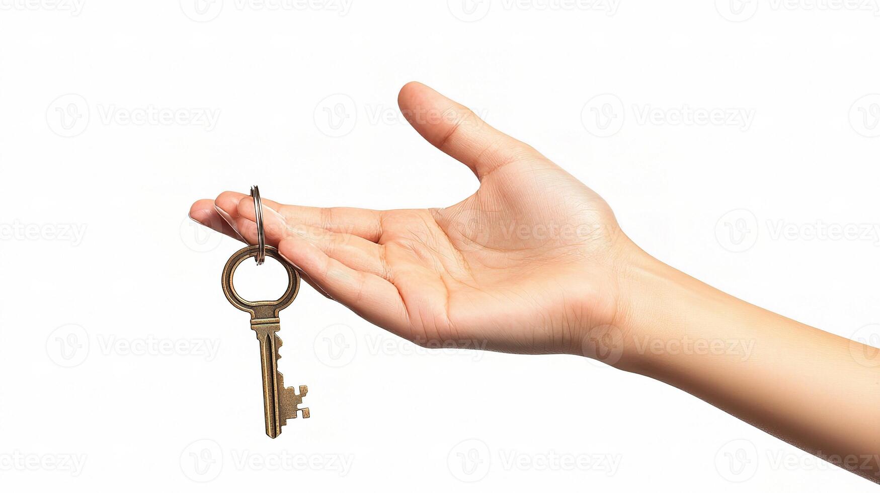 A hand holding a key on a white background photo