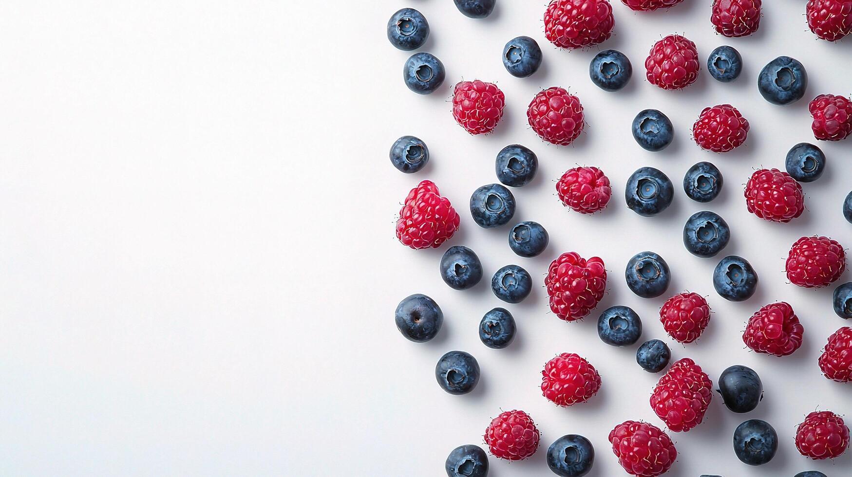 A group of raspberries and blueberries on a white surface photo