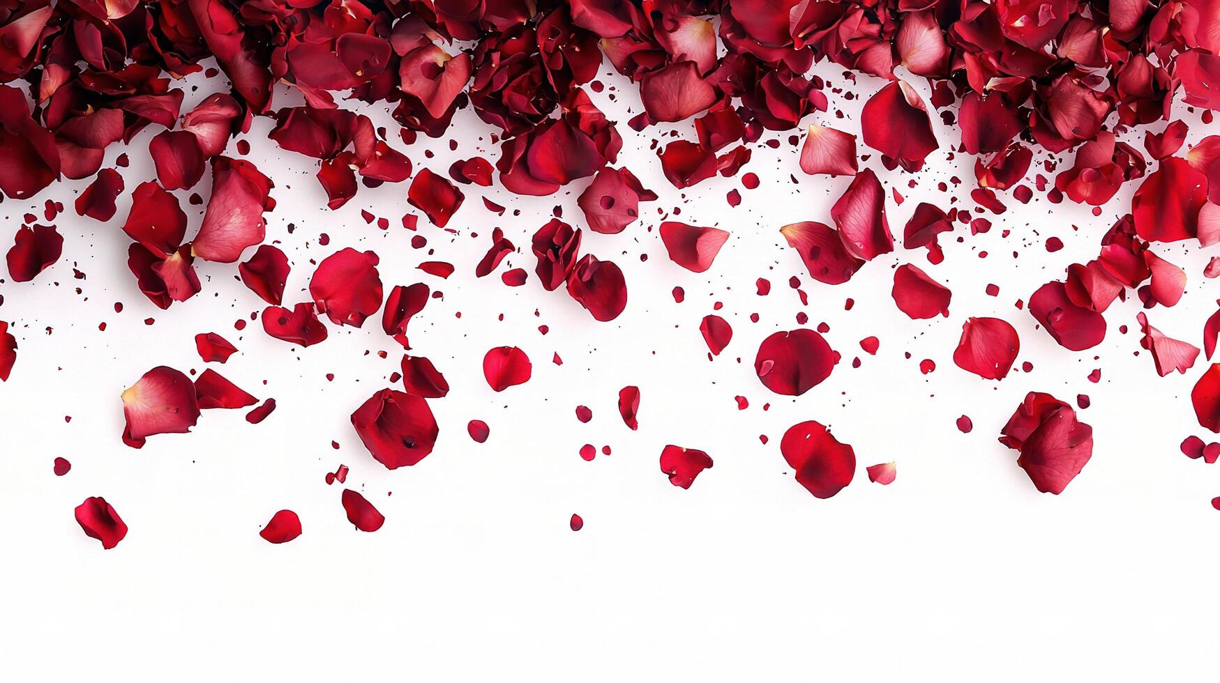 Red rose petals falling down on a white background photo
