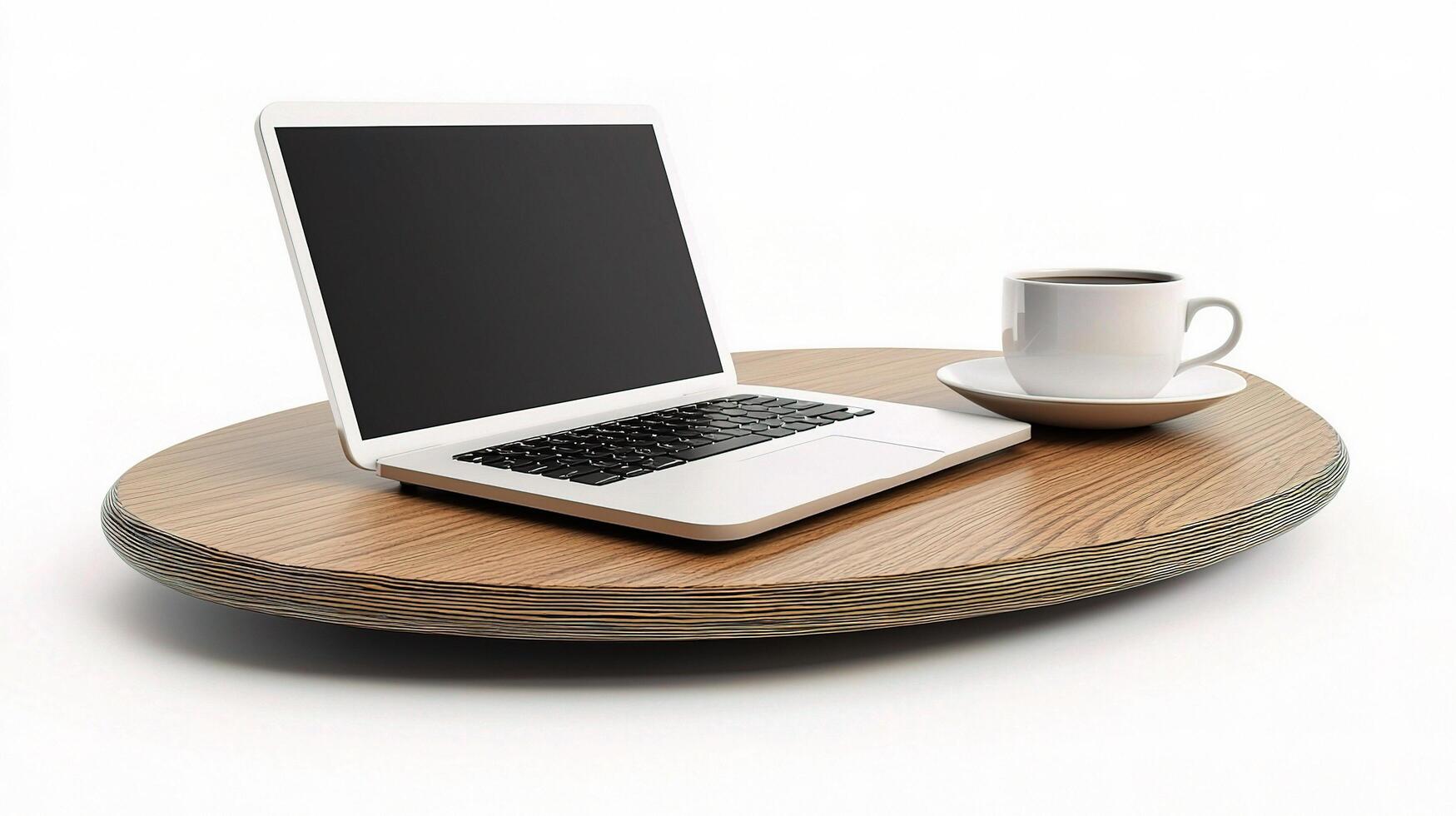 A laptop and coffee cup sit on a wooden table photo