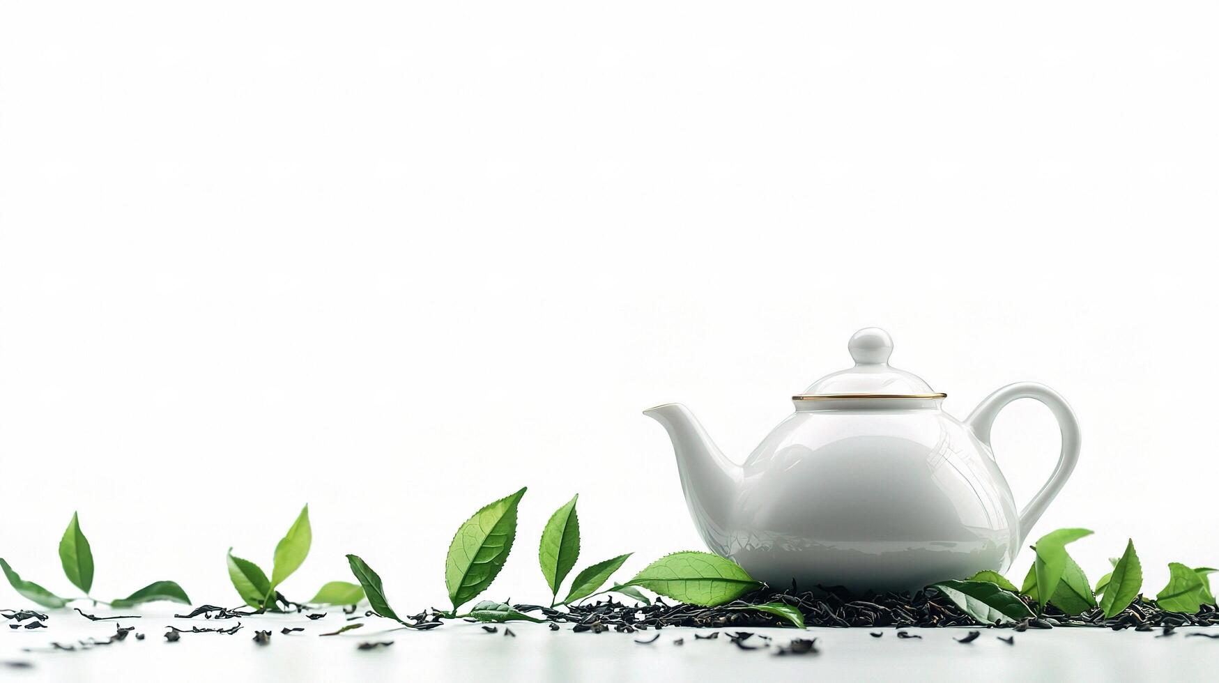 A white tea pot with leaves on a white table photo