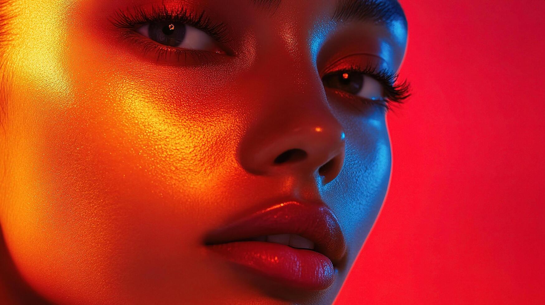 A woman with bright makeup and red lighting photo