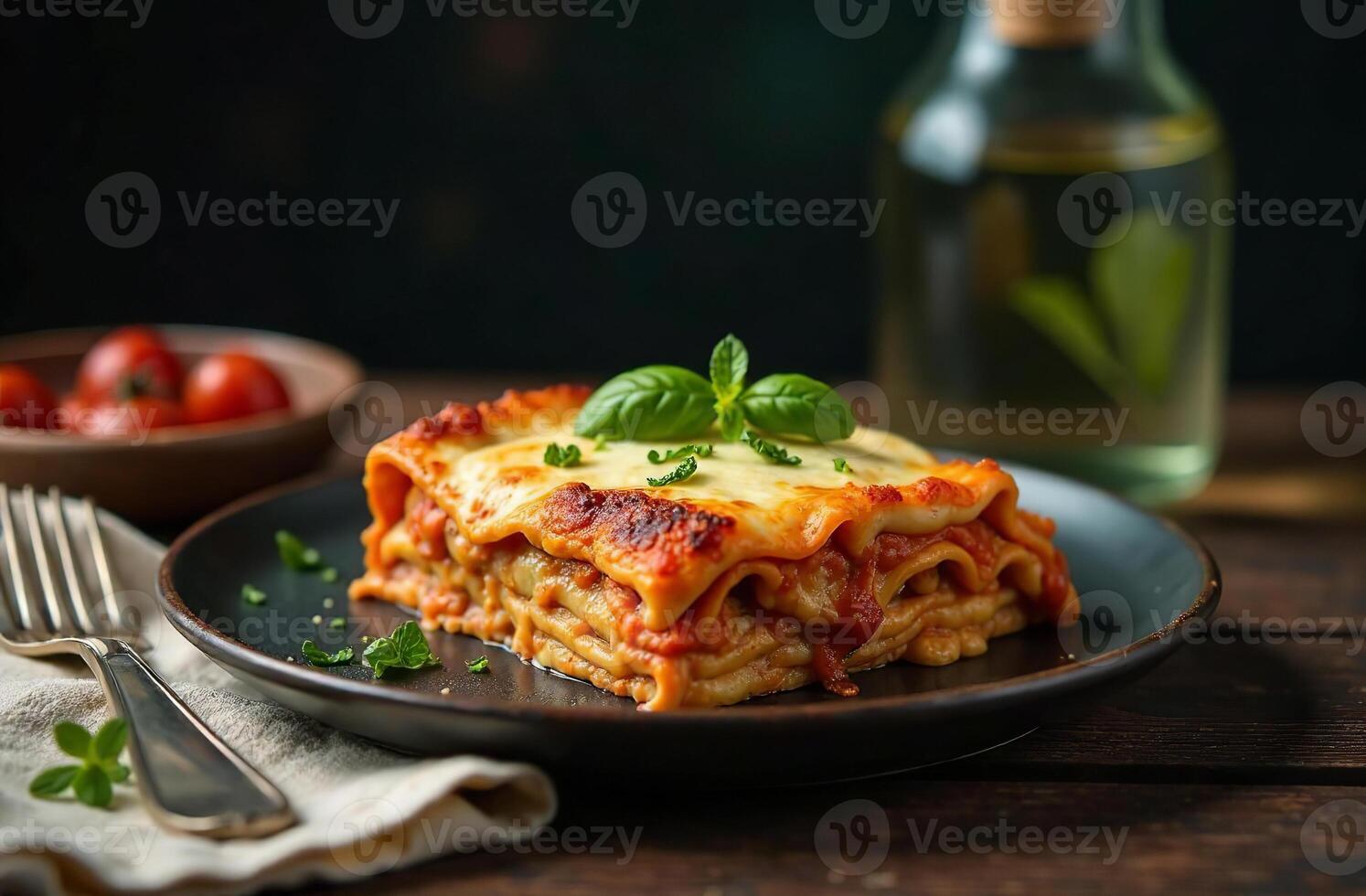 Piece lasagna on dark background, food tasty photo Italian restaurant.