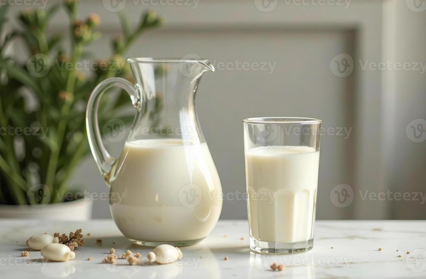 Jug and glass milk light background, drink photo restaurant yummy