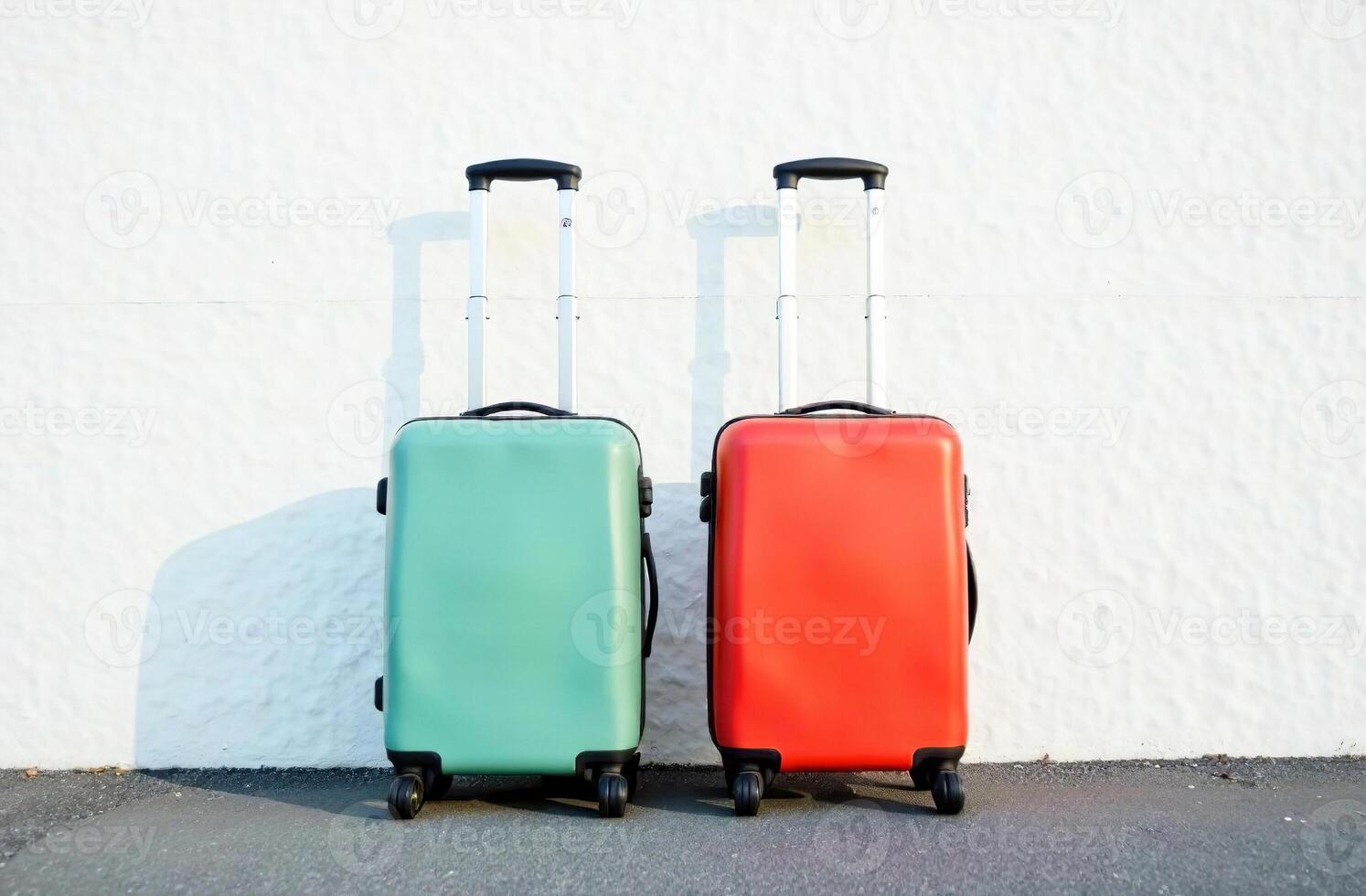 Two luggage suitcases on wheels white wall, vacation photo