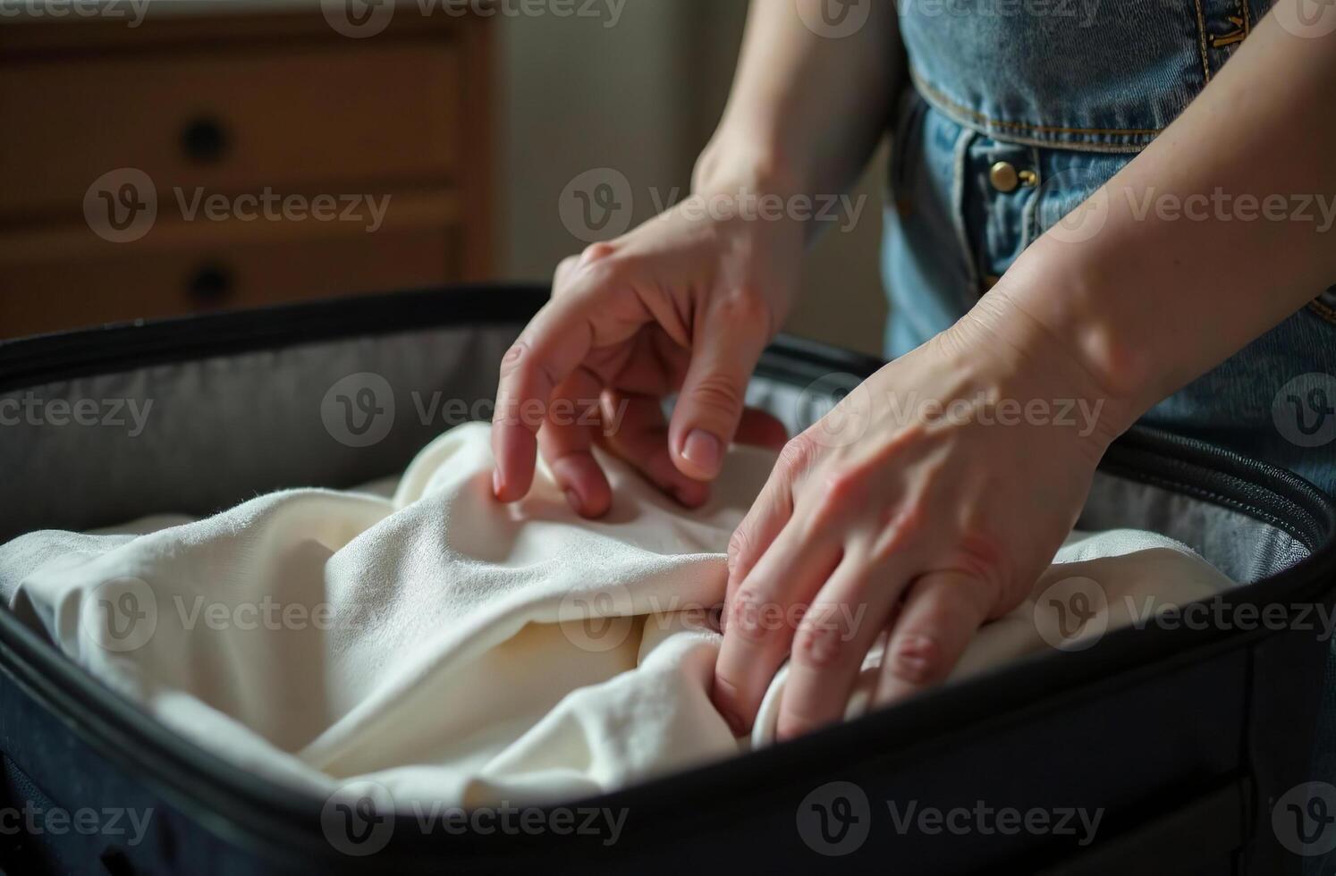 Person packs suitcase trip, clothes in the luggage photo