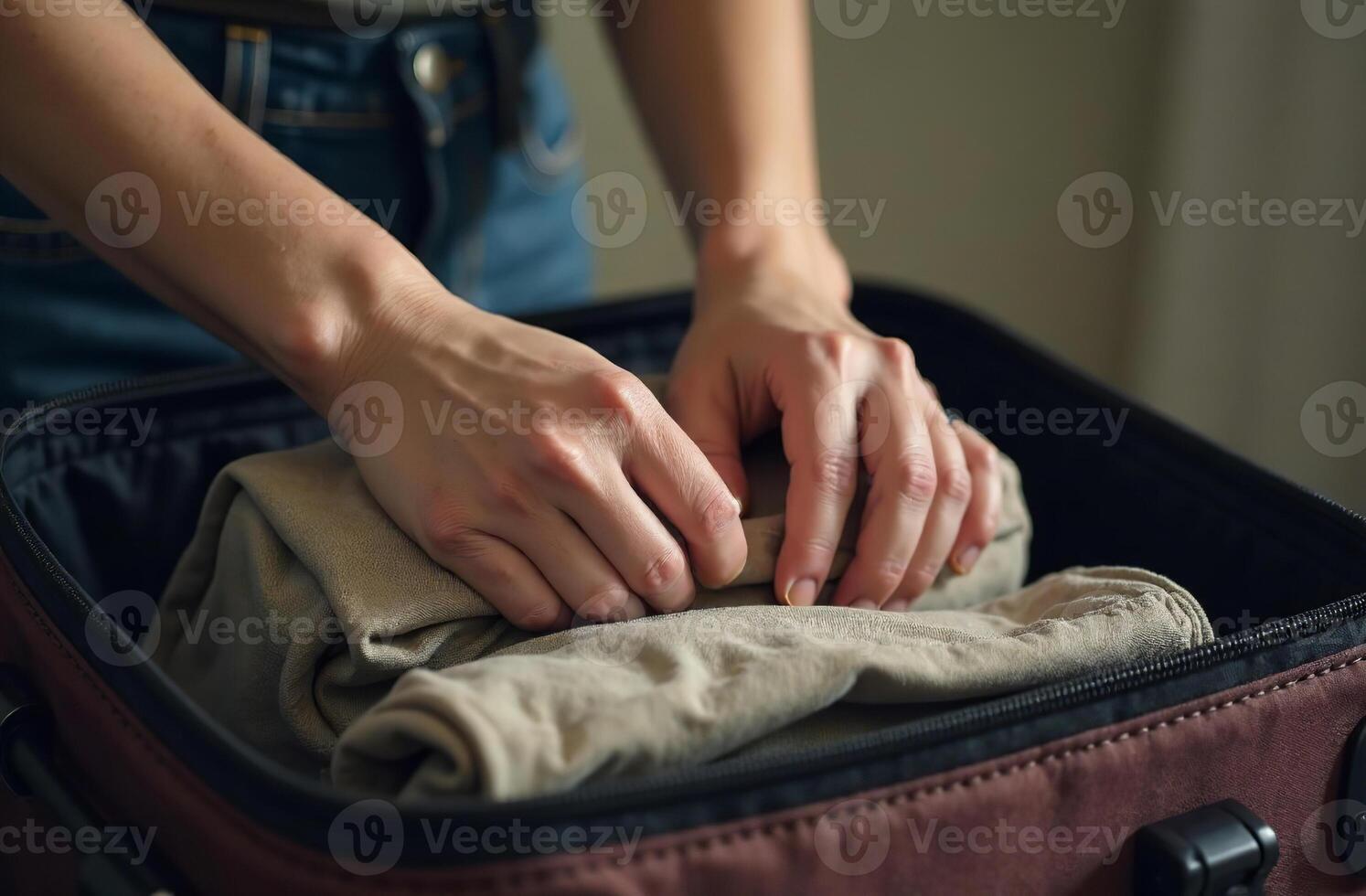 Person packs suitcase, clothes are in the luggage photo