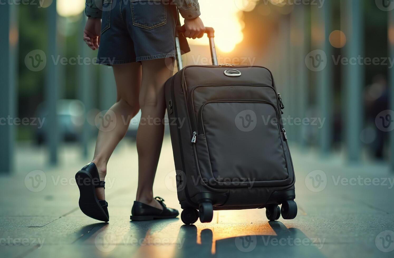 Woman roll luggage suitcase on wheels airport, departure on trip. photo