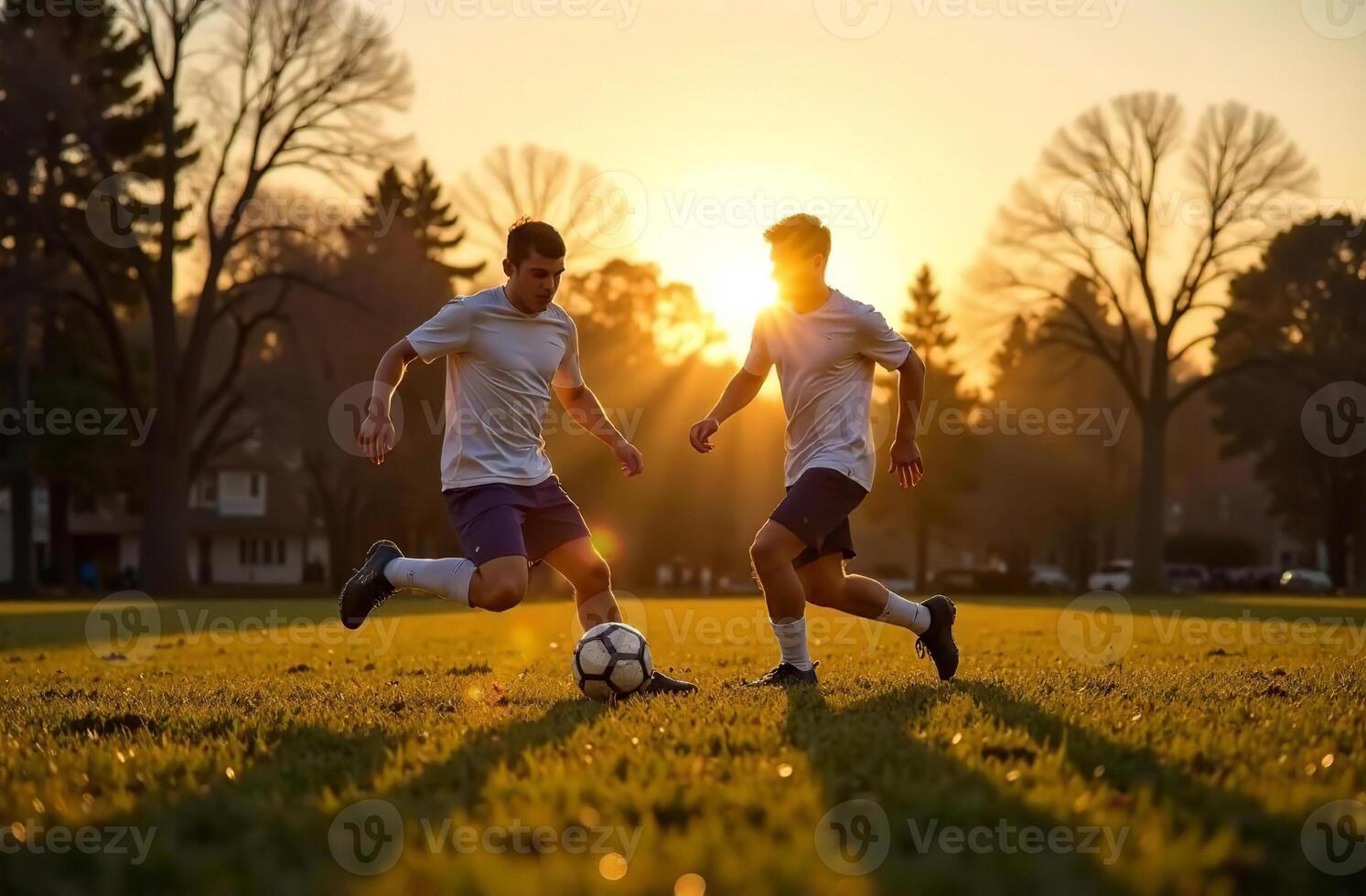 Men play soccer outside, football players kicking ball photo