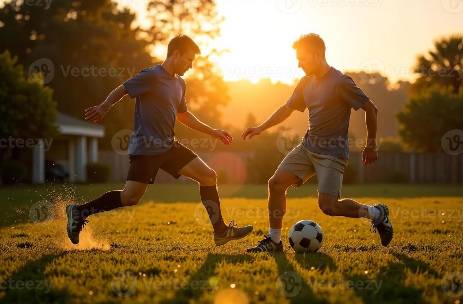 Men playing soccer outside, football player kicking ball photo