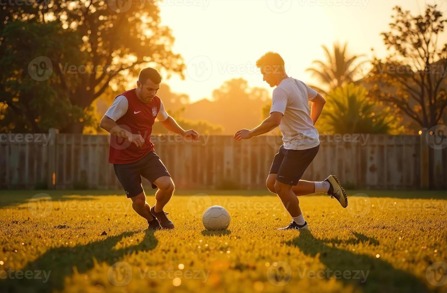 Men playing soccer outside, football players kick ball photo