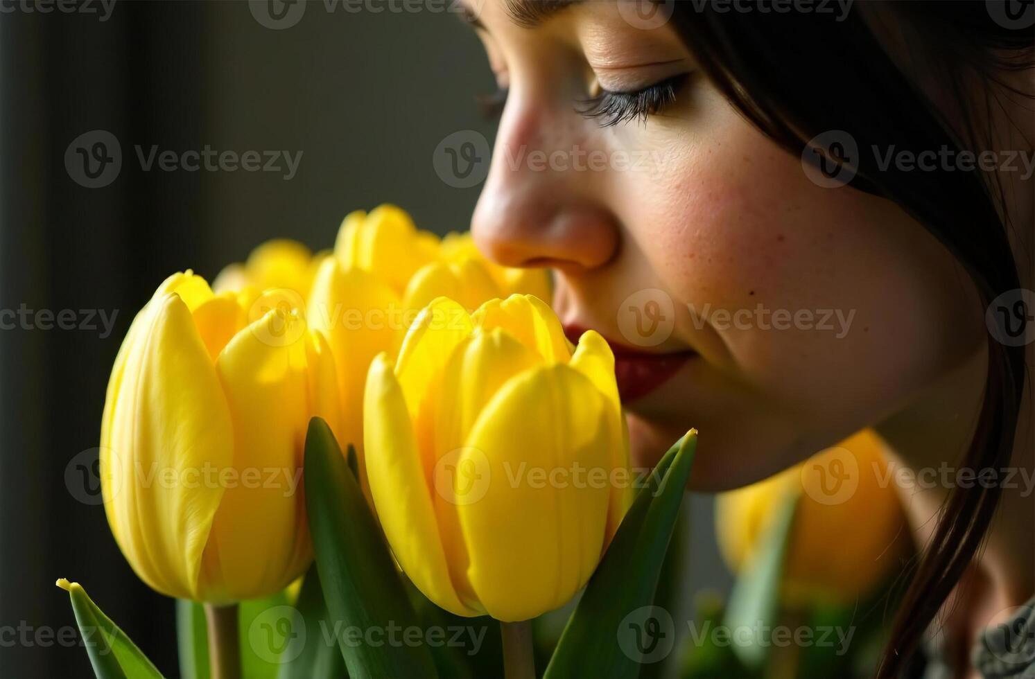 Woman sniffing bouquet of yellow tulips female flower flavor photo