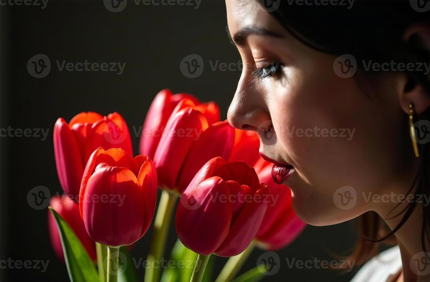 Woman sniffing bouquet red tulips, female flower flavor photo