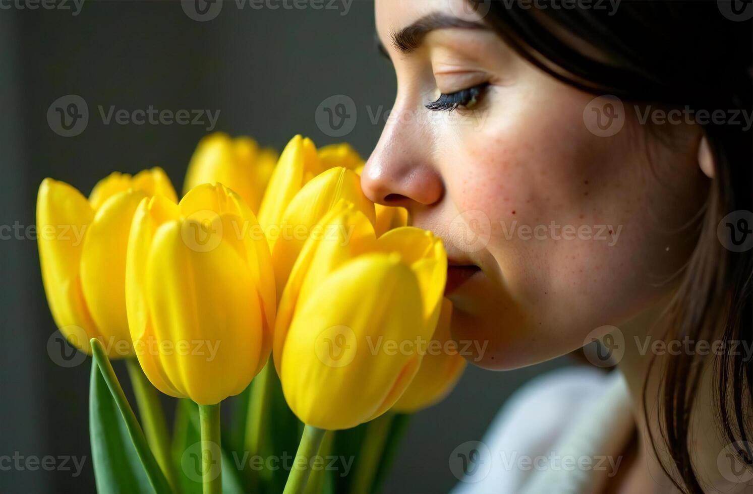 Woman sniffing bouquet yellow tulips, female flower flavor photo