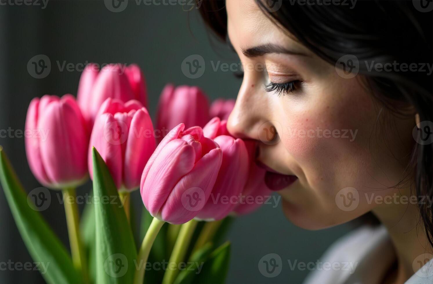Woman sniffing bouquet of pink tulips, female flower photo