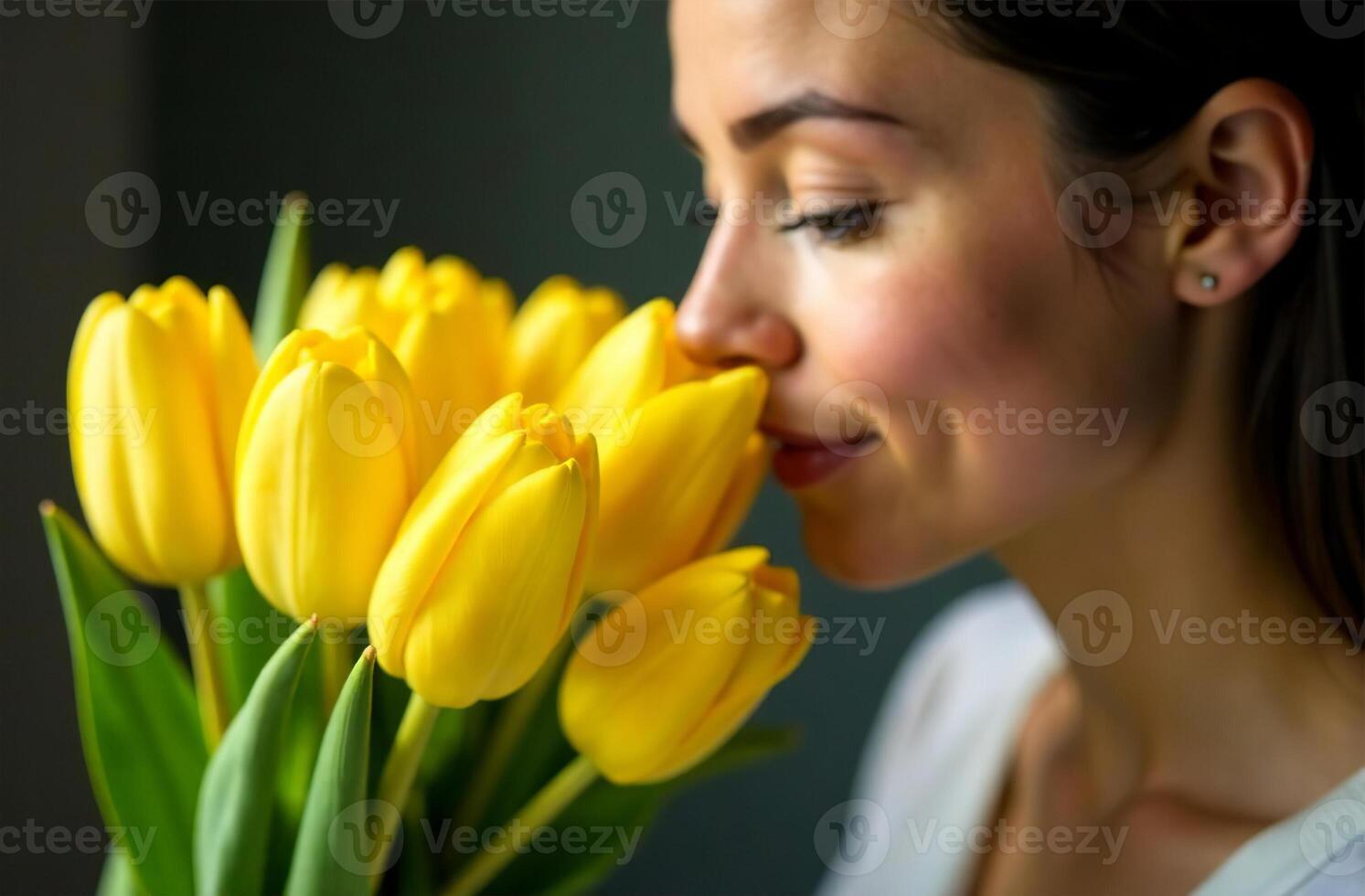 Woman sniffing bouquet of yellow tulips, female flower flavor photo