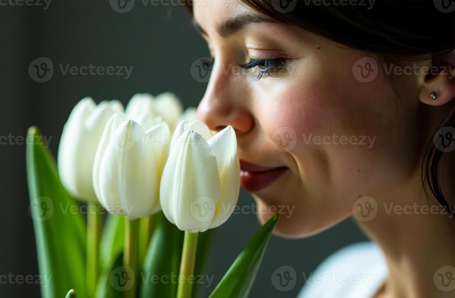 Woman sniffing bouquet white tulips, female flower flavor photo