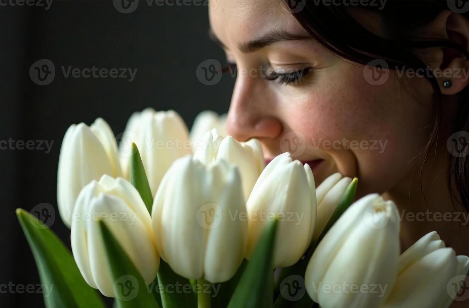 Woman sniff bouquet white tulips, female flower flavor photo