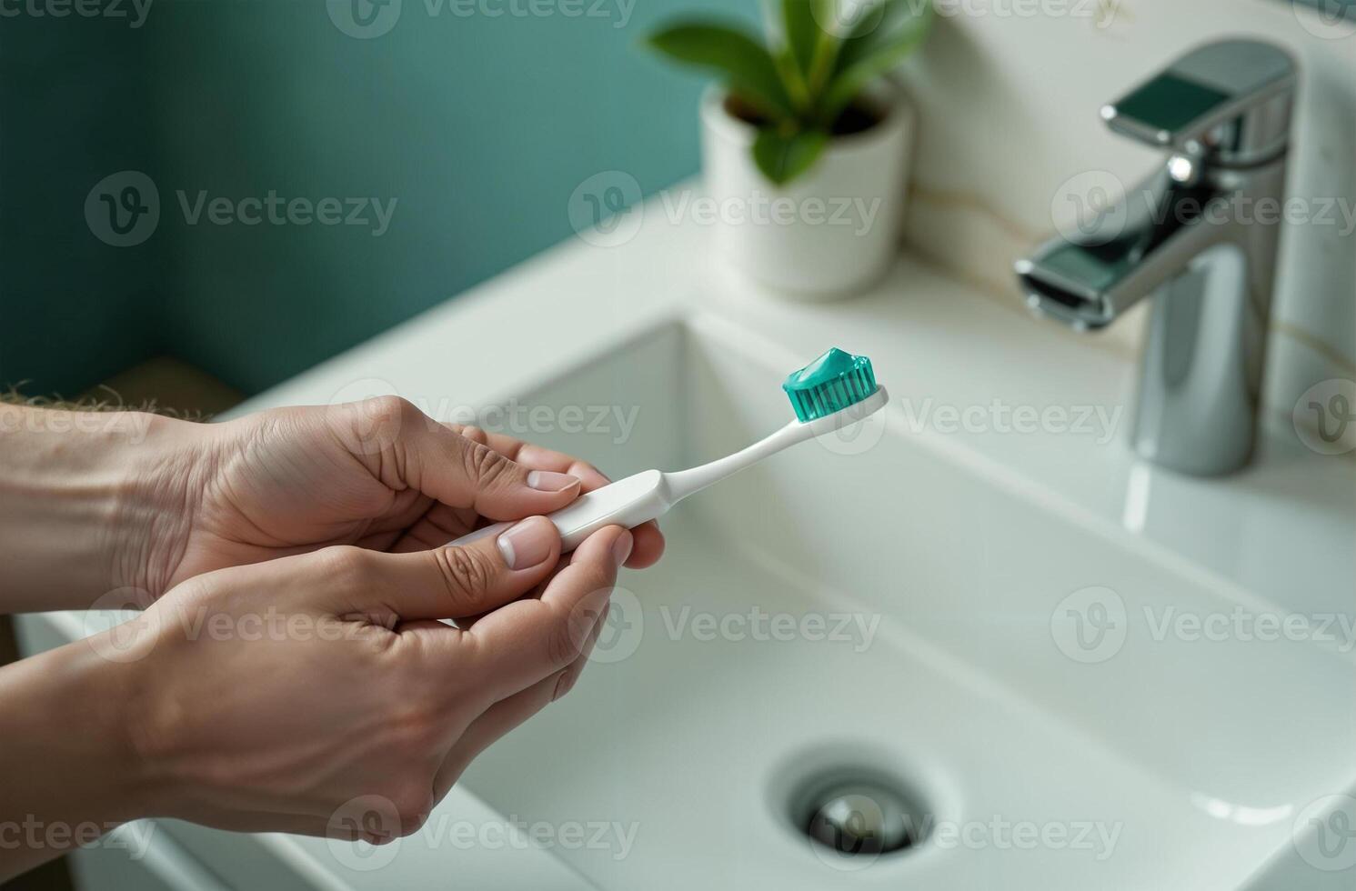 Man holding toothbrush with toothpaste background bright bathroom photo