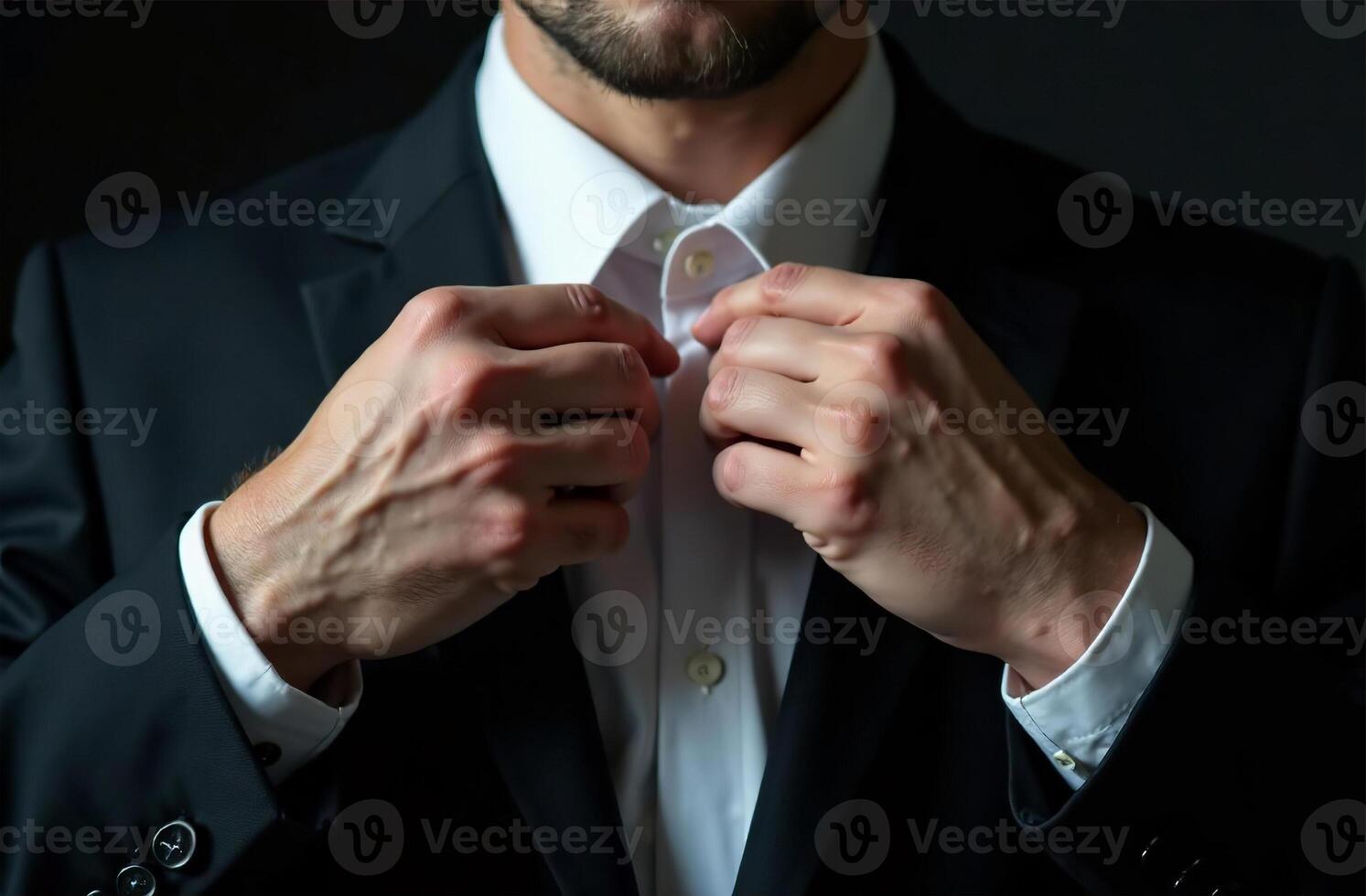 Groom adjusts white shirt of wedding suit close-up of hands photo