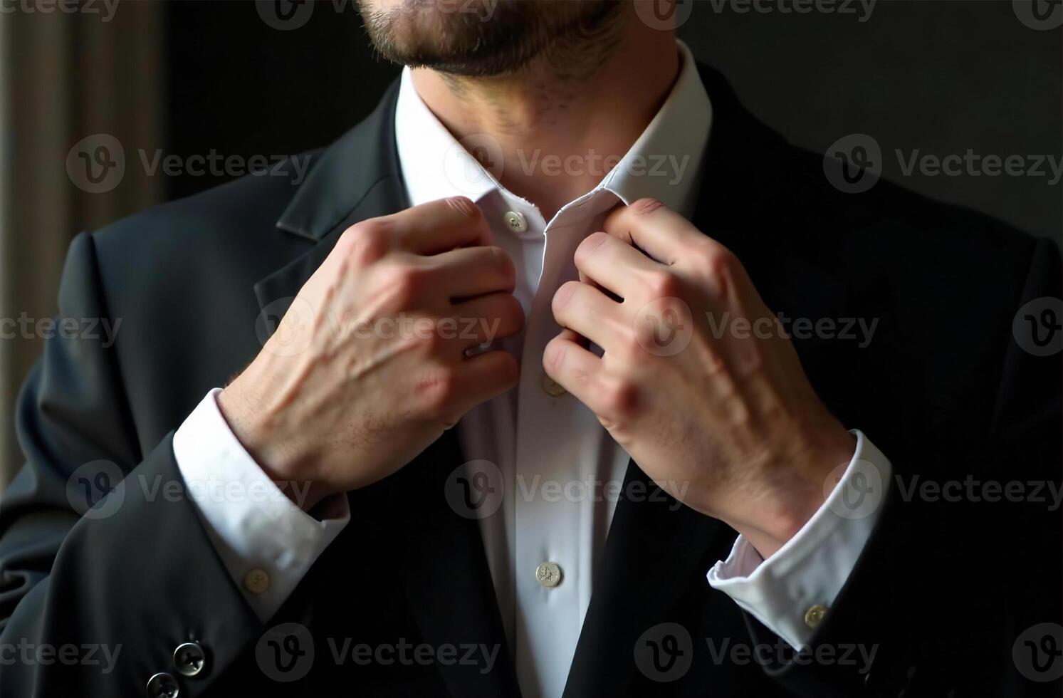Groom adjusts white shirt wedding suit, close-up of hands photo