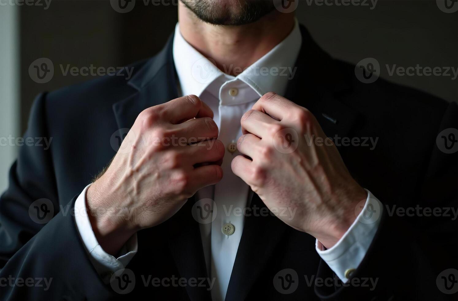 Groom adjusts white shirt of wedding suit, close-up of hands photo