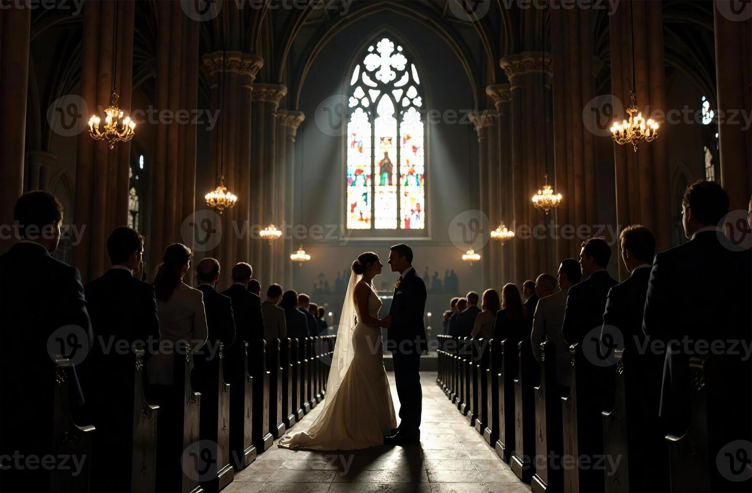 Bride groom walk church wedding ceremony, full length view back photo