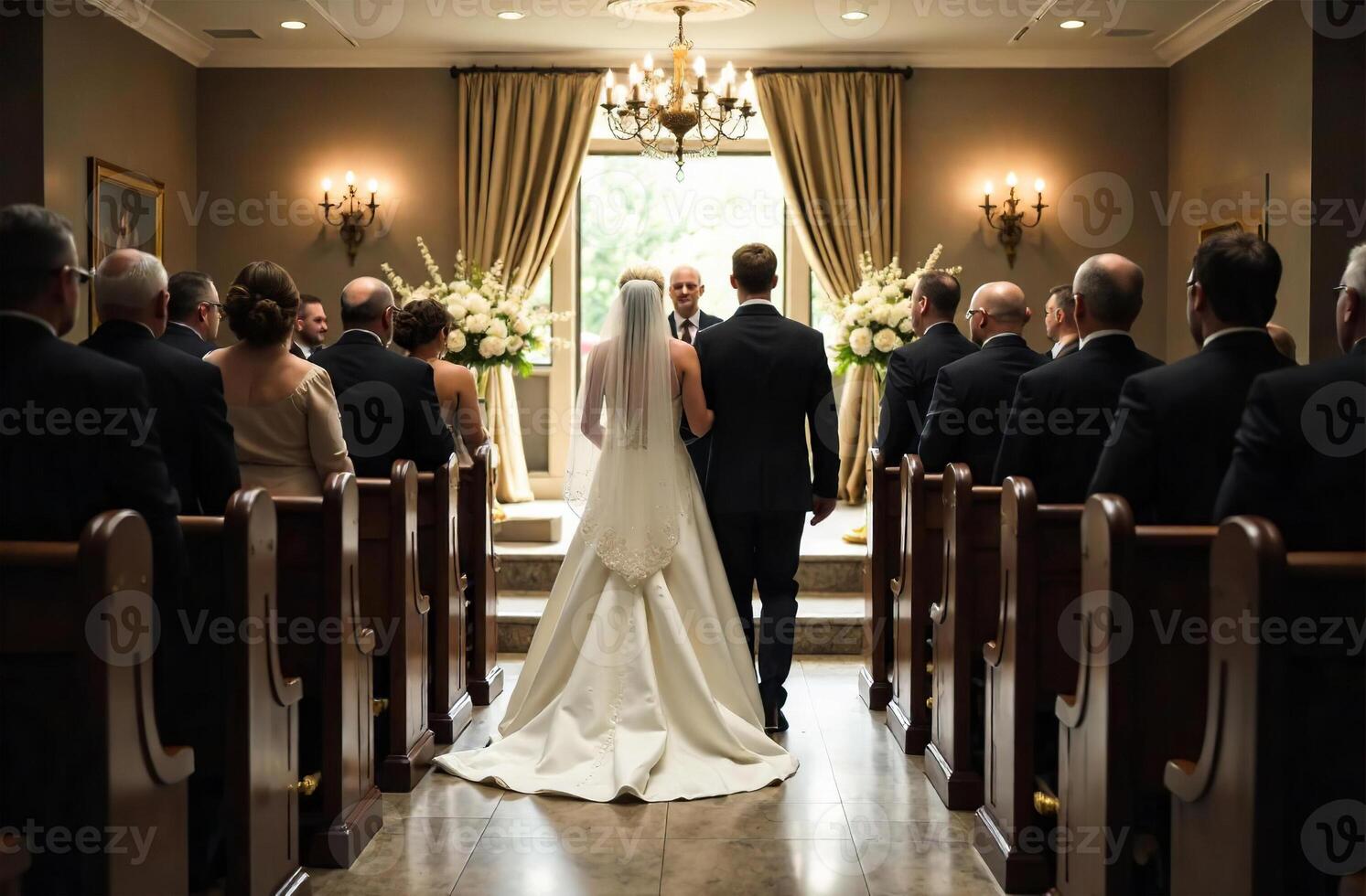 Bride groom walk hall, wedding ceremony, full length view back photo