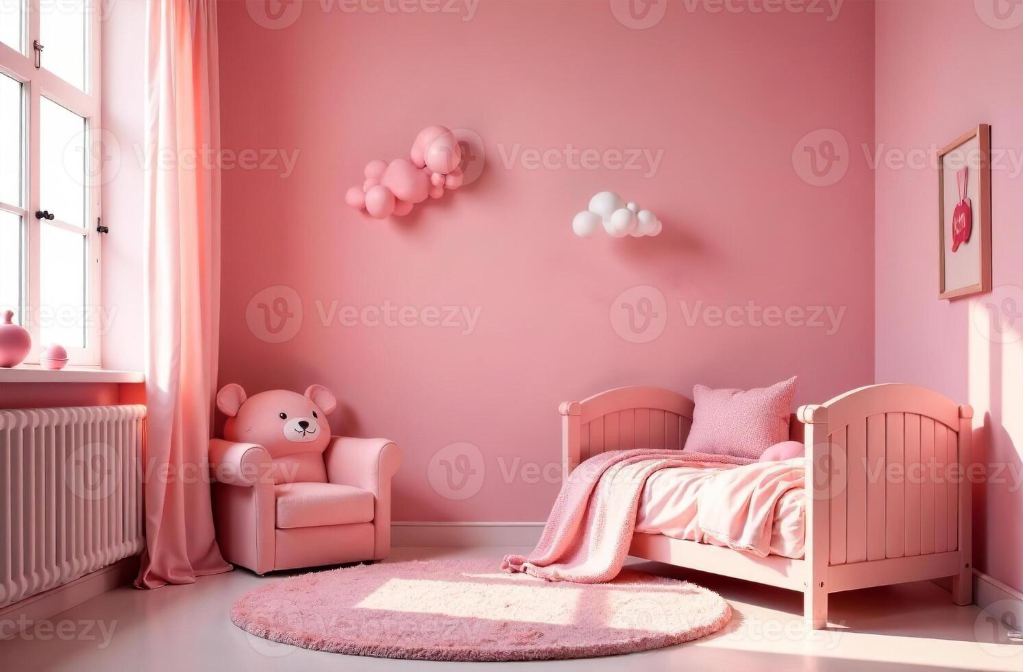 Modern interior cozy of children room pink color, playroom in house photo