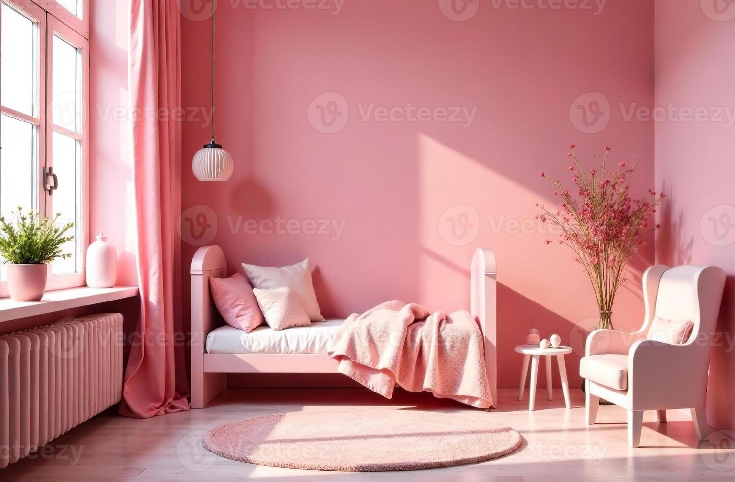 Modern interior of children room cozy pink color, playroom in house photo
