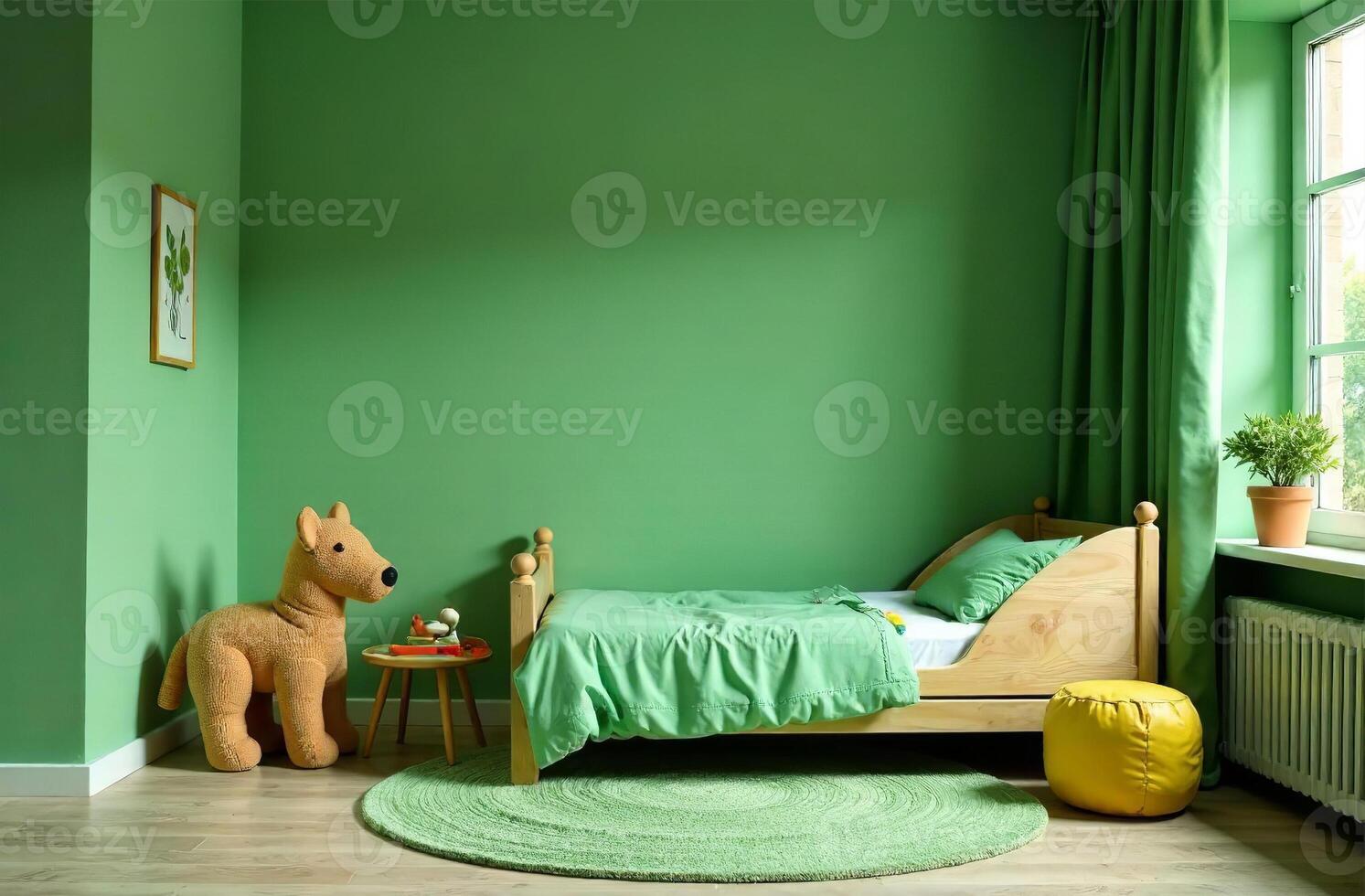 Modern interior of children room green color, homely playroom in house photo