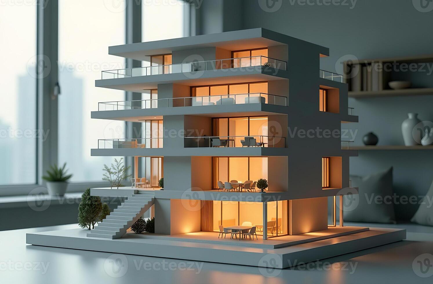 Model multistorey building stand on architect desk office photo