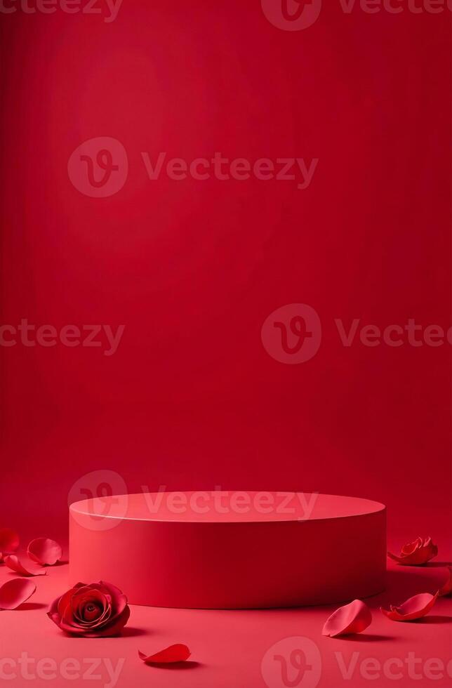 Podium cosmetic products on red background, free space for goods photo