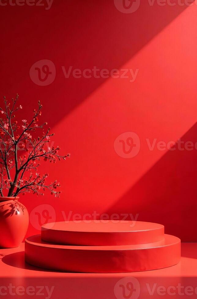 Podium cosmetic products red, free space for goods photo