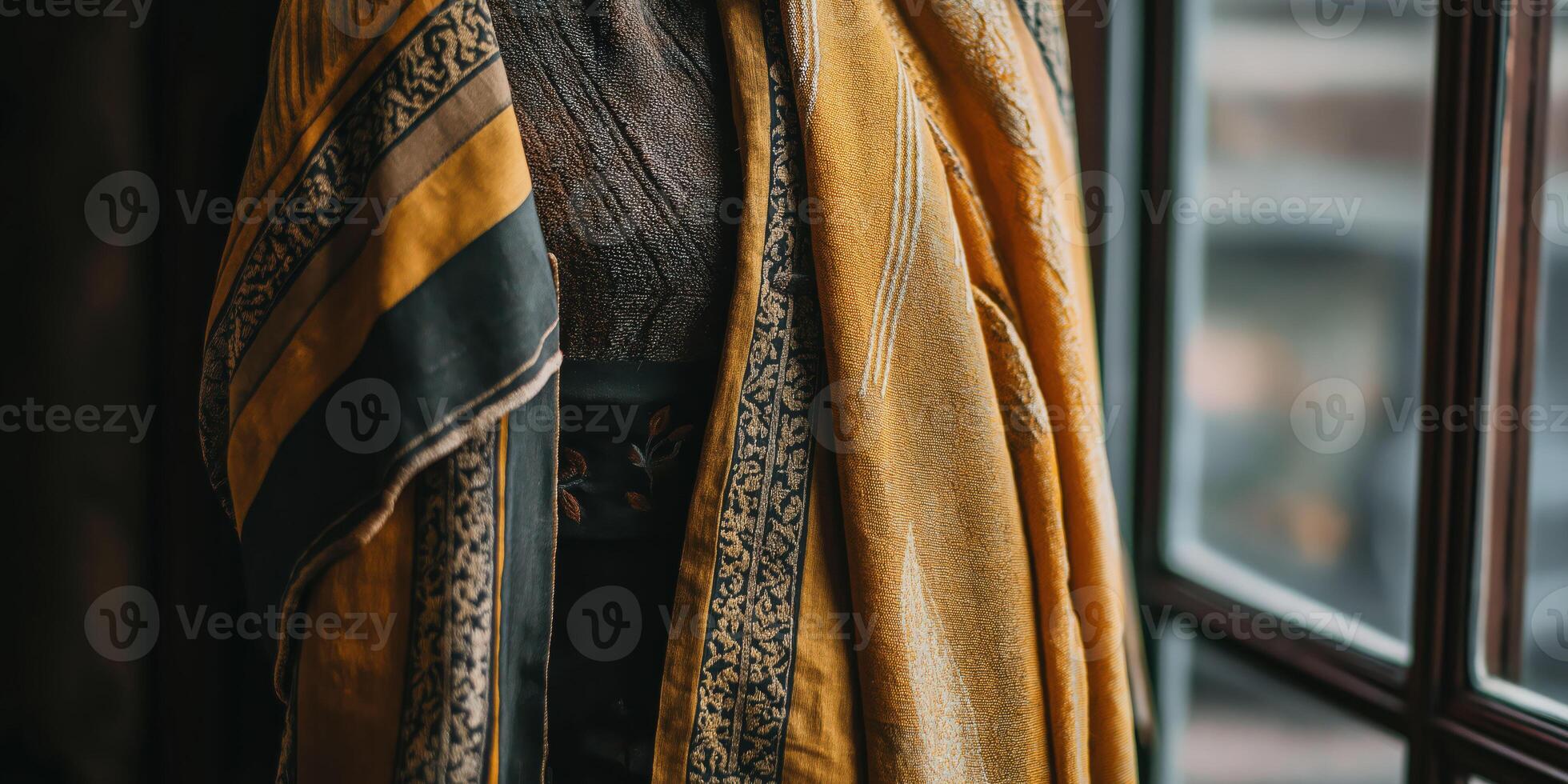 Traditional indian fabric detailed yellow and black textile by window photo
