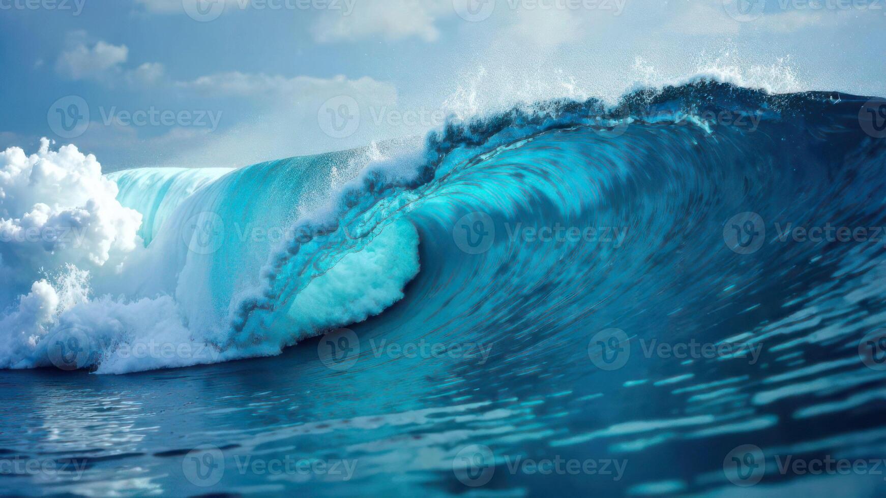 Powerful ocean wave crashing with blue sky and white clouds photo