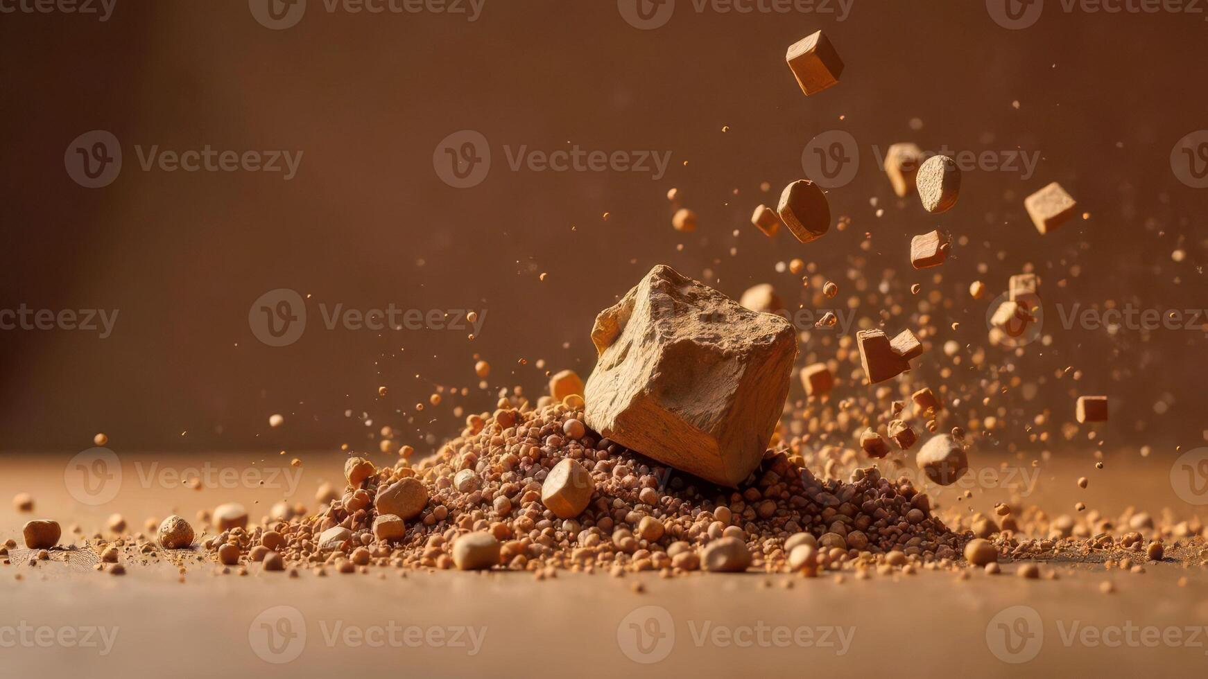 Exploding clay block amidst scattered pebbles in motion photo