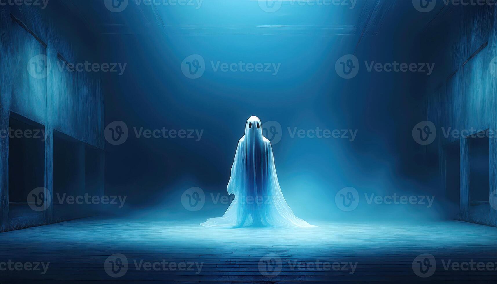 Mysterious ghost in blue-lit abandoned building photo